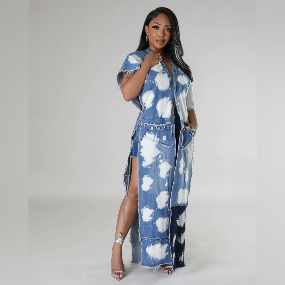 Denim acid wash maxi vest with chain detail